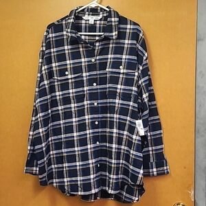 Old Navy Size XXL Navy Blue Plaid Button Down Boyfriend Shirt